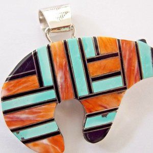 LARGE Navajo Handmade Sterling Silver Multicolor Inlay Bear Pendant 31g